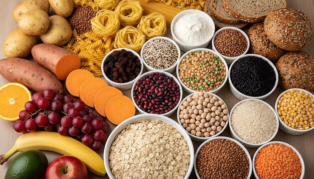 An abundant collection of healthy fiber-rich foods including various fruits, vegetables, grains, and legumes