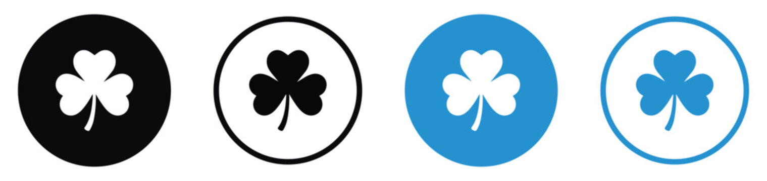 St. Patrick's Day clover and shamrock icons. Black and blue circular buttons with three-leaf clover symbols for luck, Irish culture, and nature. Minimalist flat vector design.