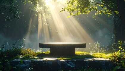 Obraz premium A stone platform glows in a sunlit forest clearing. Beams of light pierce the canopy, illuminating the scene and misty air