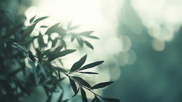 Delicate green leaves on a thin branch bathed in warm morning light, soft bokeh background evoking tranquil, fresh growth and serene outdoor spring atmosphere