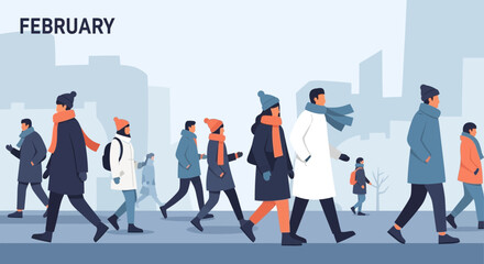 People Walking in Winter City Street with February Text