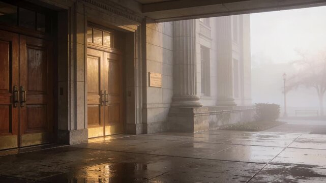 Golden morning light on wet stone building entrance with wooden door, column and foggy wet pavement reflecting warm light
