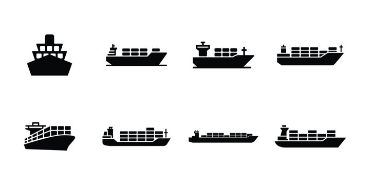 Container ship silhouette icon set cargo vessel maritime transport