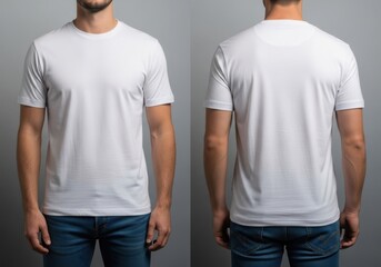 Man wearing white tshirt from front and back isolated on gray background