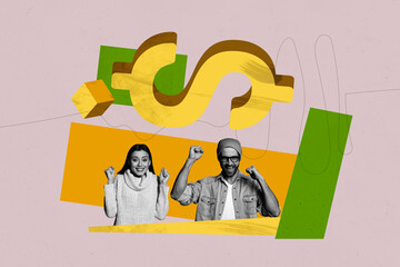 Trendy poster art collage of happy businesswoman businessman receive dollar capital profit money...