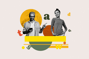 Naklejka premium Pop art full zine photo collage of happy girl guy stand library academic book stack education learner letters vocabulary encyclopedia