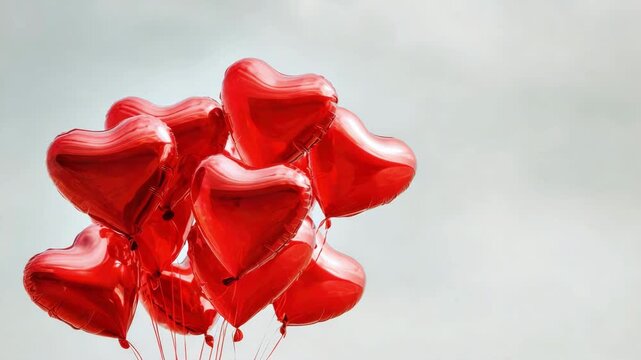 Red heart-shaped balloons for a romantic celebration against a light background, a banner with copy space for Valentine's Day and birthdays