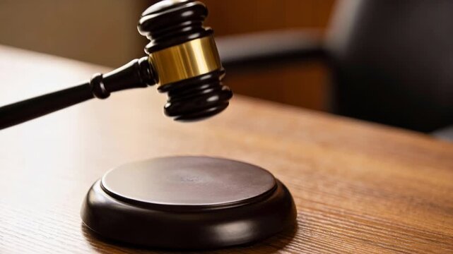 Wooden gavel on judge bench and hammer in courtroom embodying law and justice under solemn judge overseeing proceedings