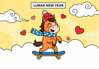 Naklejka premium 可愛い馬、新年を楽しく祝う