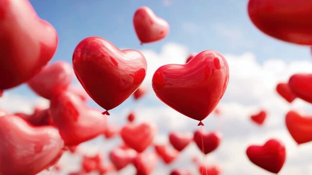 Red heart-shaped balloons for a romantic celebration against a blue sky background, a banner with copy space for Valentine's Day and birthdays