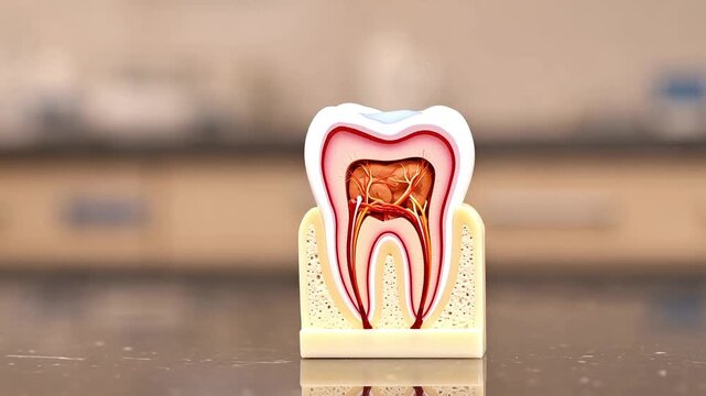 Cross section anatomical model of human tooth showing pulp nerves and blood vessels for medical education and dentistry