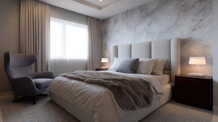 Obraz premium Modern luxury bedroom interior with neutral tones and marble wall.