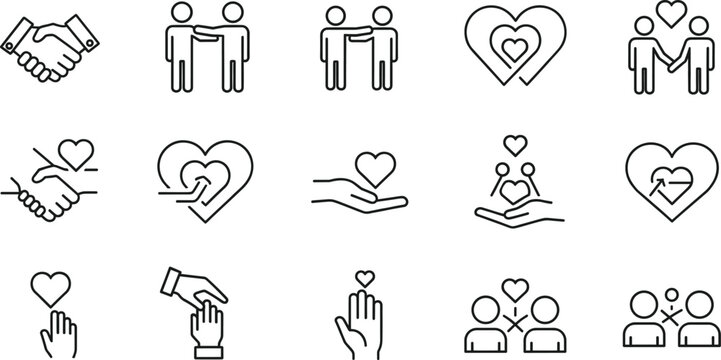 Set of 15 Minimalist Line Icons Representing Love, Friendship, Solidarity, and Mutual Support for Charity, Social Apps, and Relationship ConceptsSet of 15 Minimalist Line Icons Representing Love, Frie