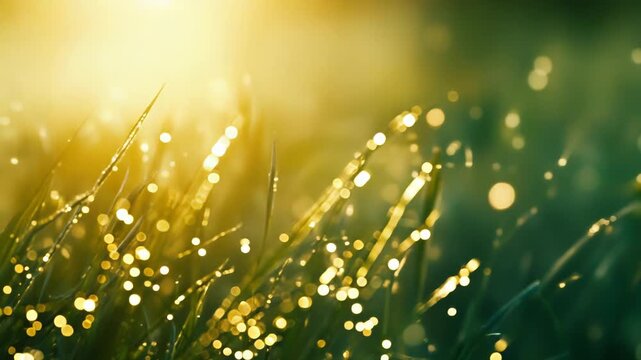 Green blades of grass covered with sparkling water drops from recent rain, illuminated by warm golden sunlight creating a vibrant and refreshing natural scene
