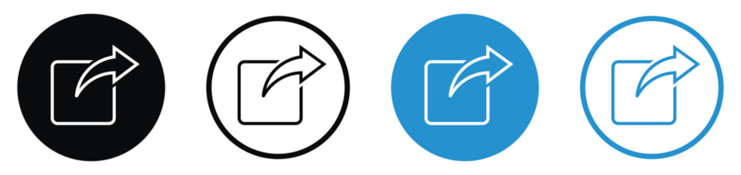 Universal share and outgoing link icons in linear style. Black and blue circular buttons for social sharing, external links, and publishing. Modern vector graphics for content distribution UI.