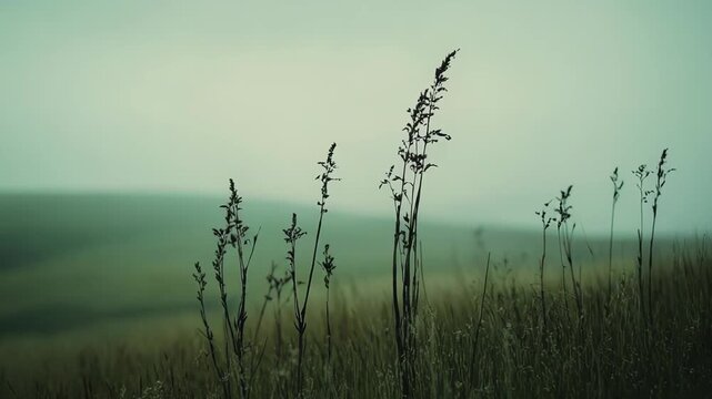 Dry withered grass stalks standing tall on a gently sloping hill, silhouetted against a soft, muted green and grey background covered in fog, creating a serene and melancholic atmosphere