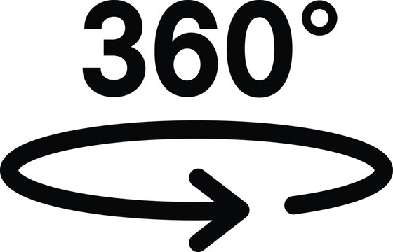 Black 360 degree symbol with circular arrow and dot 360 degrees rotation