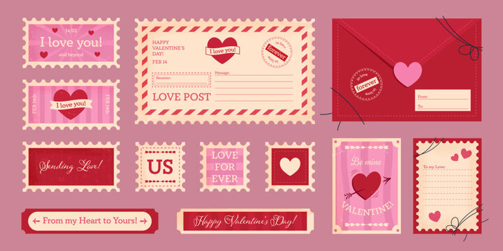 Valentine's Day stickers with postage stamps, a letter, and cute postcards. Love holiday graphic design greetings and decorations, vector art in retro romantic style.