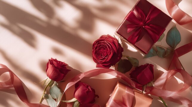 Romantic flatlay background with roses, gift boxes and silk ribbon, pastel red and blush color palette, soft light
