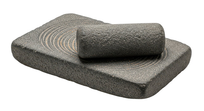 Traditional dark grey stone grinding slab and roller, Indian kitchen tool, isolated PNG with Transparent Background