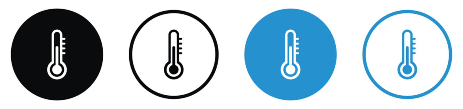 Temperature icons showing a thermometer scale. Provided in black and blue, solid and outlined circle styles. Suitable for weather, healthcare, climate control, and fever monitoring.