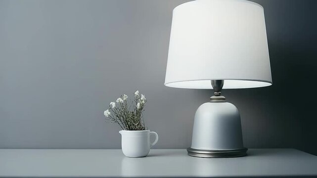 Modern table lamp with a white shade beside a small white mug of dried flowers on a clean surface, minimalist grey textured wall creating a calm, cozy interior vibe