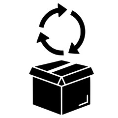 Simple black and white icon depicting a return process symbolized by revolving arrows above an open cardboard shipping box.