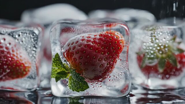 Frozen Delight: A vibrant strawberry and mint leaf are encased within a crystal-clear ice cube, presenting a refreshing and visually appealing composition, suggesting coolness and a natural treat.