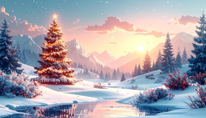 A snow-covered landscape scene at dusk, featuring a decorated tree, a small stream, and a mountain range with a sunset