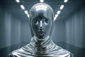 Faceless liquid metal human figure standing, reflective surface and abstract features