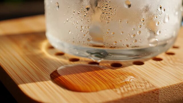 Cinematic macro view of condensation dripping slowly from the chilled glass mug onto the absorbent handcrafted bamboo coaster surface, causing it to darken surface, moisture, thirst