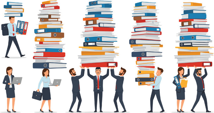Vector Illustration Set of Business Professionals Carrying Massive Stacks of Folders and Files Representing Extreme Workload and Data ManagementVector Illustration Set of Business Professionals Carryi