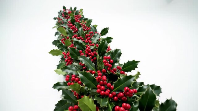 Holly Sprig Elegance: An eye-level shot captures a sprig of holly, adorned with its glossy, deep green leaves and vibrant red berries, forming a striking display. 