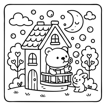 A cute bear blows bubbles from a balcony of a cozy house, while a bunny watches on a serene night filled with clouds and a glowing moon.
