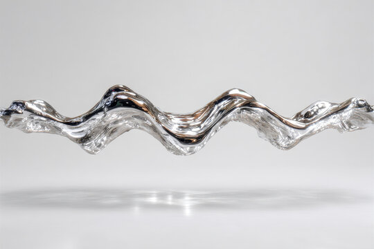 Elongated liquid silver shape with mirror reflections, resting in neutral minimal space