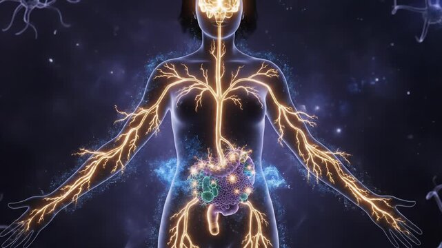 Detailed anatomical visualization of the human body, highlighting the intricate network of the nervous and digestive systems, depicted with vibrant glowing neural pathways and energetic particles.