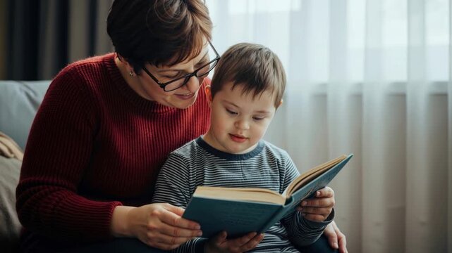 Woman and boy with Down syndrome reading a book together. Mother or teacher supporting child with special needs in learning. Inclusion and education concept