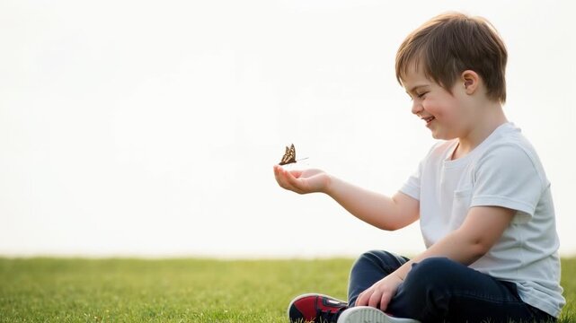 Young boy with Down syndrome sitting on grass with a butterfly. Child with special needs interacting with nature in a park. Inclusion and curiosity concept. Copy space for text