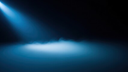 Mysterious blue spotlight beam illuminating foggy atmosphere