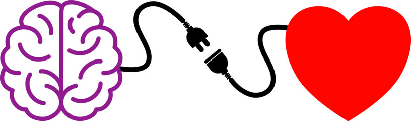 Obraz premium Brain-heart connection, joined by a plug logic vs. emotion. Purple brain connected to a red heart concept of psychological balance