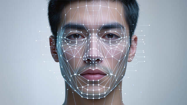 Facial recognition biometric security concept for fintech and digital banking