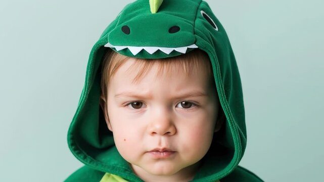 Portrait of a grumpy toddler in a green dinosaur costume. Serious little boy wearing a dragon hoodie with spikes. Childhood emotions and dress up concept