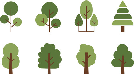 Eight stylized flat green trees with brown trunks on white background nature © MD. ABDUL BATEN