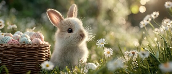 Fototapeta premium White rabbit in spring meadow with basket of Easter eggs, outdoor