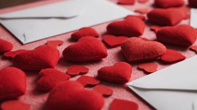 Heartfelt Letters and Crimson Hearts: An arrangement of vibrant red hearts and pristine white envelopes embodies the essence of love, romance, and heartfelt sentiments.