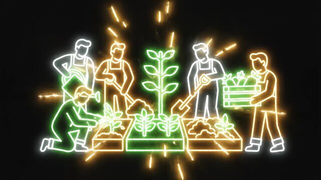 Neon Gardening Scene With Workers Planting And Tending Crops.