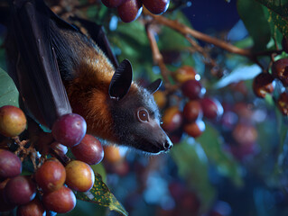 Obraz premium Fruit bat feeding on ripe fruit among dense tropical foliage at night, soft moonlit mood and vivid color contrast