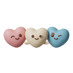 Three cute 3D clay hearts with happy winking faces