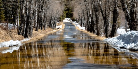 Forest road reflecting melting snow in spring