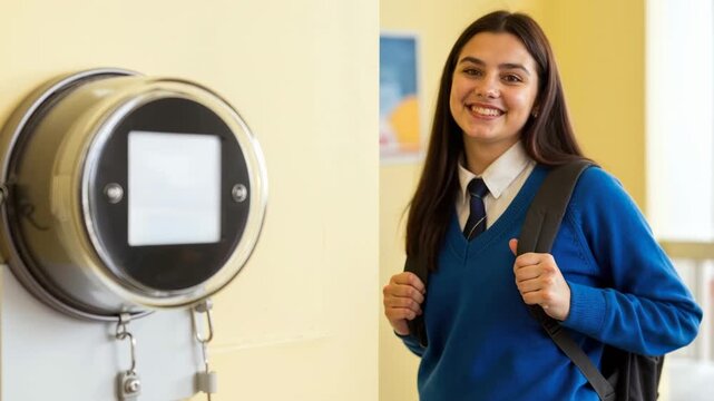 Smart electricity meter on a wall with a student in the background. Young woman in school uniform giving thumbs up. Energy efficiency and utility monitoring concept